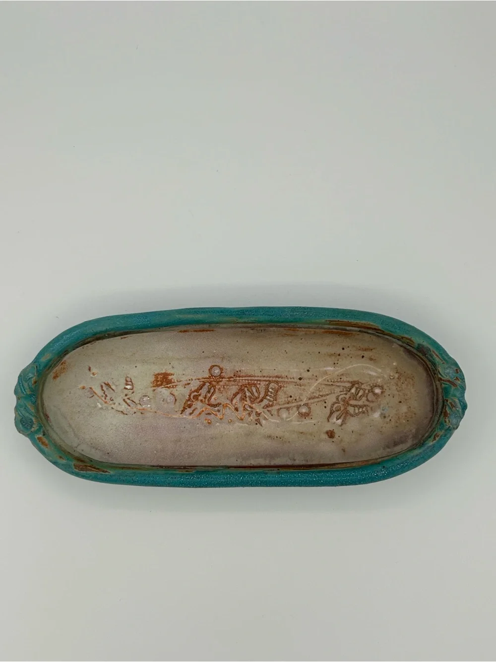 Studio Pottery Oval Serving Tray Trinket Dish Blue Gray Signed Decorative Scene